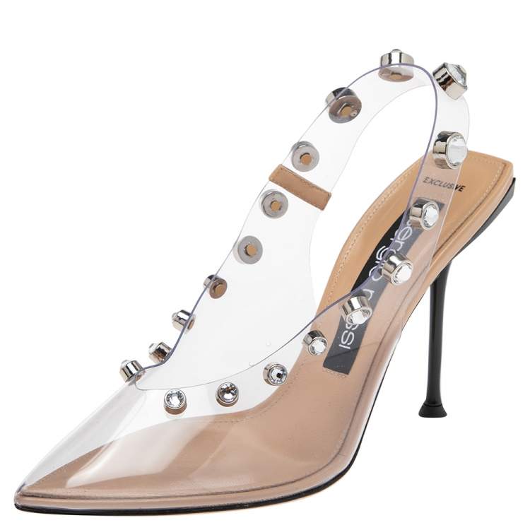 Pre Owned Sergio Rossi Beige PVC Crystal Embellished Slingback Sandals Size 38.5