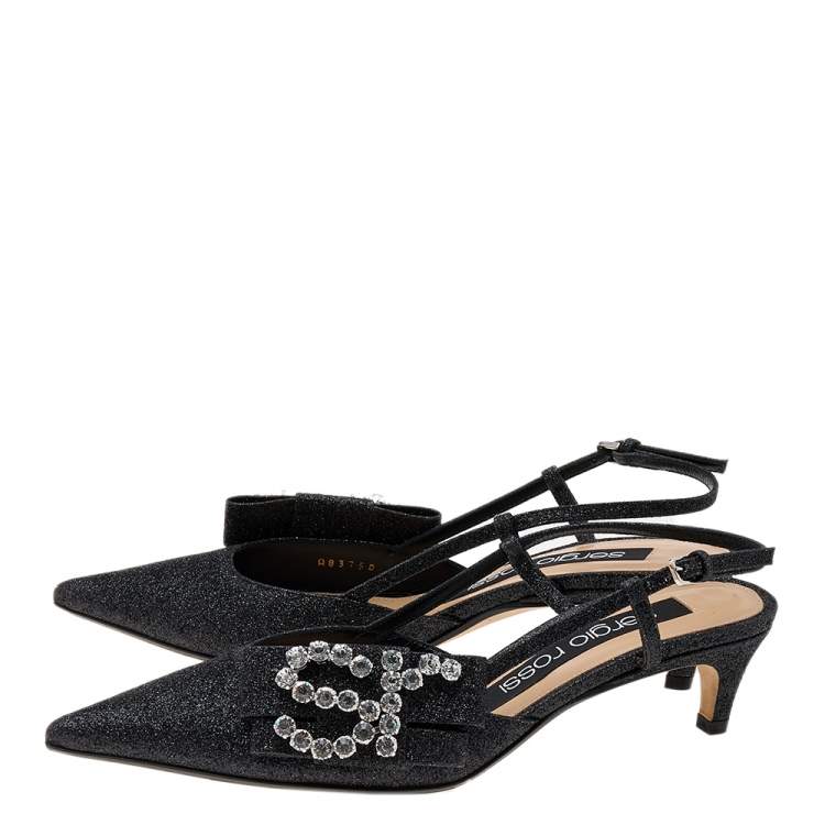 Pre Owned Sergio Rossi Black Glitter Sr Icona Slingback Sandals Size 37