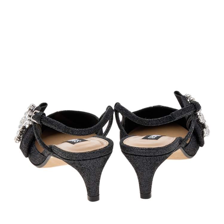 Pre Owned Sergio Rossi Black Glitter Sr Icona Slingback Sandals Size 37