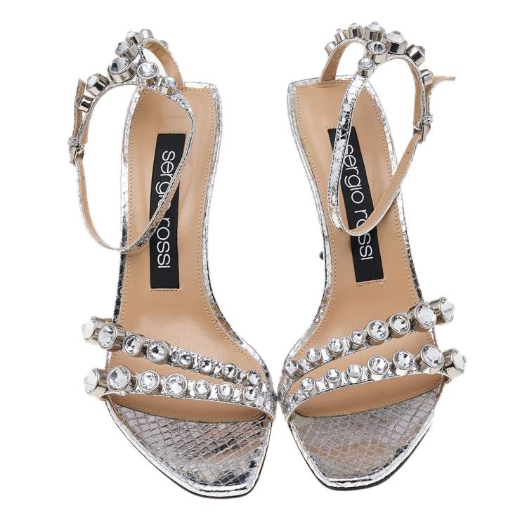 Pre Owned Sergio Rossi Silver Python Embossed Leather Embellished Ankle Strap Sandals Size 38