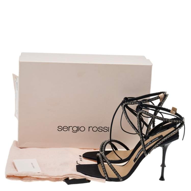 Pre Owned Sergio Rossi Black Satin Crystal Embellished Ankle Wrap Sandals Size 38