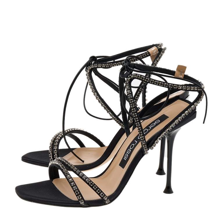 Pre Owned Sergio Rossi Black Satin Crystal Embellished Ankle Wrap Sandals Size 38