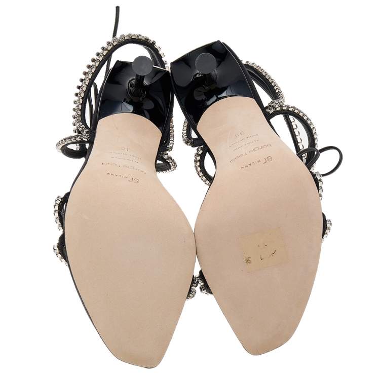 Pre Owned Sergio Rossi Black Satin Crystal Embellished Ankle Wrap Sandals Size 38