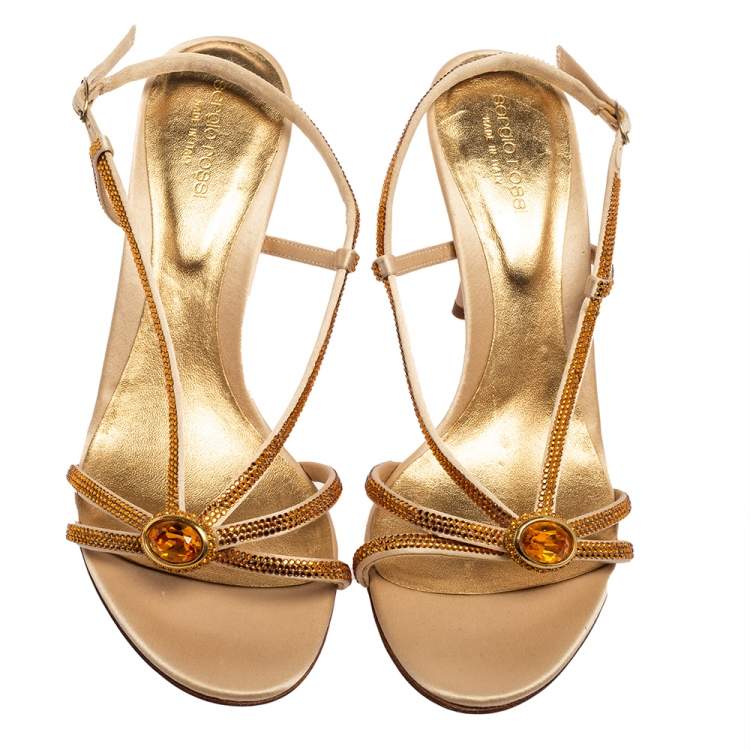 Pre Owned Sergio Rossi Gold Crystals Embellished Satin Slingback Sandals Size 41