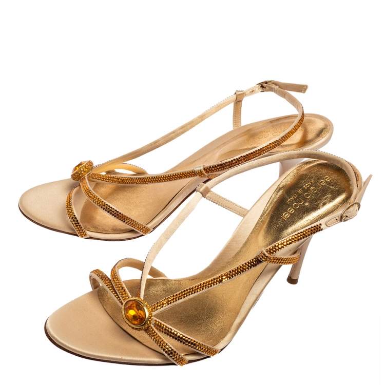 Pre Owned Sergio Rossi Gold Crystals Embellished Satin Slingback Sandals Size 41