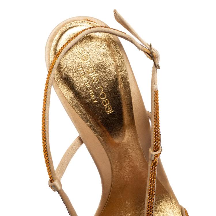Pre Owned Sergio Rossi Gold Crystals Embellished Satin Slingback Sandals Size 41
