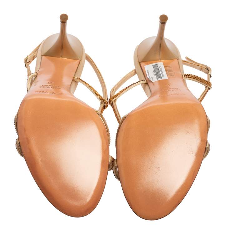 Pre Owned Sergio Rossi Gold Crystals Embellished Satin Slingback Sandals Size 41