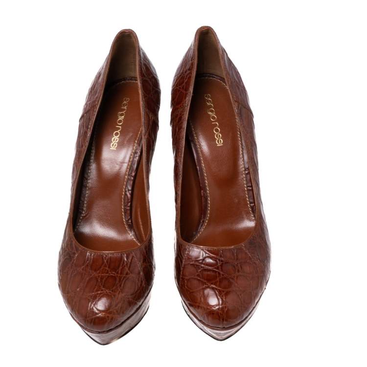 Pre Owned Sergio Rossi Brown Crocodile Leather Platform Pumps Size 38