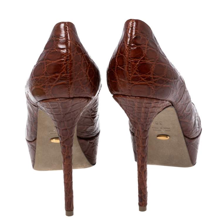 Pre Owned Sergio Rossi Brown Crocodile Leather Platform Pumps Size 38