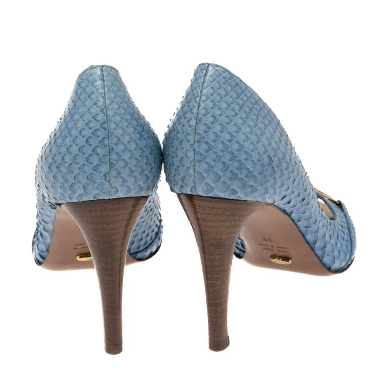 Pre Owned Sergio Rossi Blue Python Leather Peep Toe Buckle Embellished Pumps Size 38