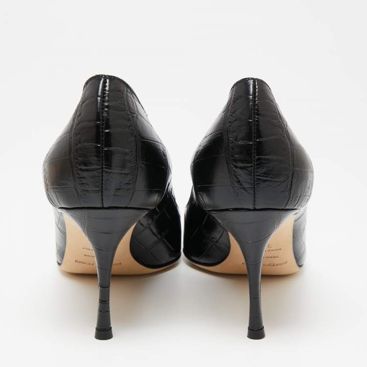 Pre Owned Sergio Rossi Black Croc Embossed Leather Pointed-Toe Pumps Size 39.5
