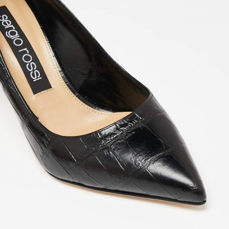 Pre Owned Sergio Rossi Black Croc Embossed Leather Pointed-Toe Pumps Size 39.5