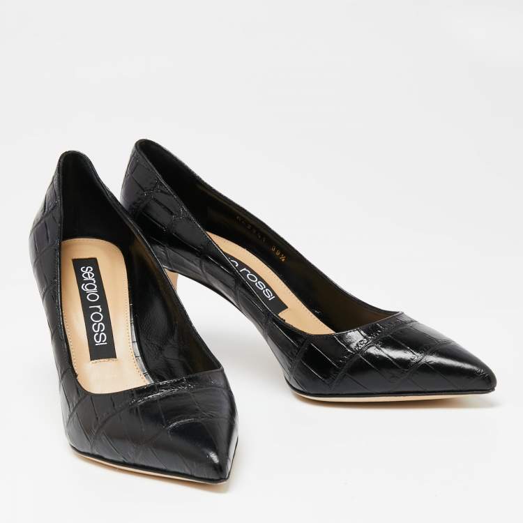 Pre Owned Sergio Rossi Black Croc Embossed Leather Pointed-Toe Pumps Size 39.5