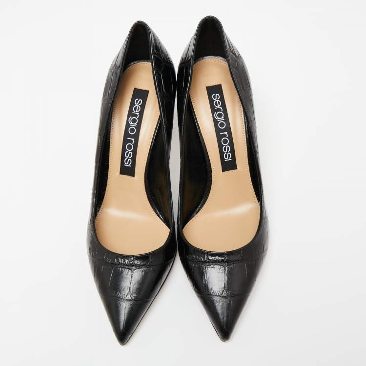 Pre Owned Sergio Rossi Black Croc Embossed Leather Pointed-Toe Pumps Size 39.5