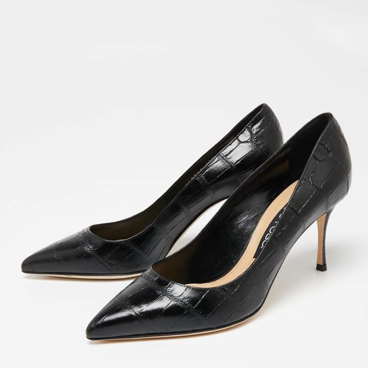 Pre Owned Sergio Rossi Black Croc Embossed Leather Pointed-Toe Pumps Size 39.5