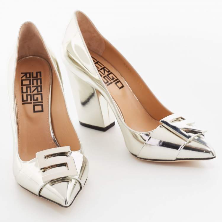 Pre Owned Sergio Rossi Metallic Silver Patent Leather Pumps Size 37.5
