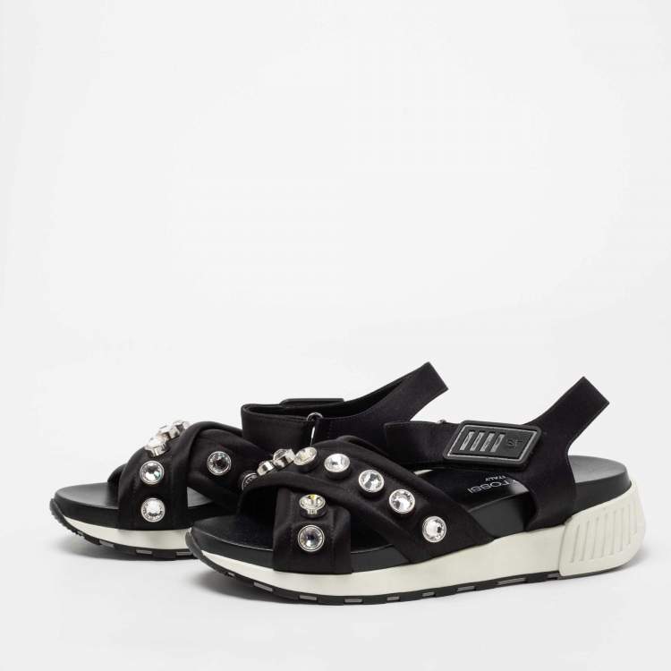 Pre Owned Sergio Rossi Black Satin Embellished Criss Cross Flat Sandals Size 38