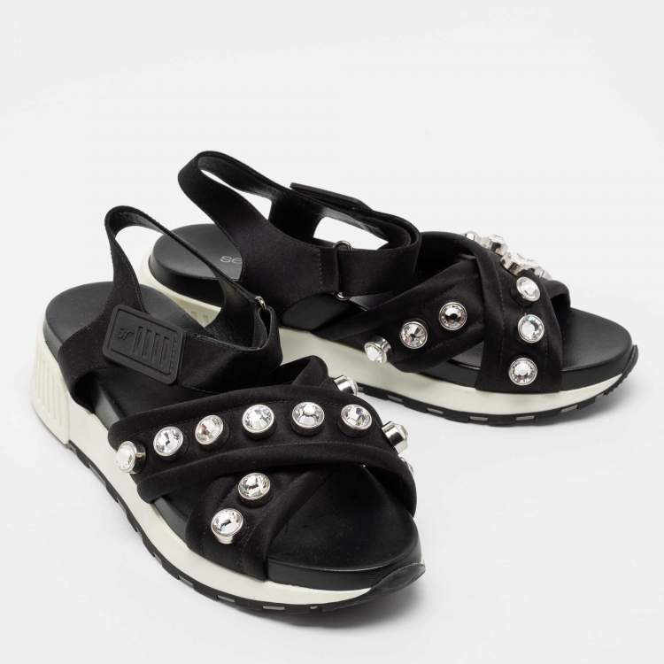 Pre Owned Sergio Rossi Black Satin Embellished Criss Cross Flat Sandals Size 38