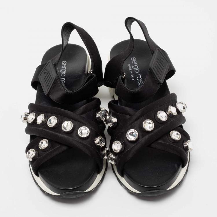 Pre Owned Sergio Rossi Black Satin Embellished Criss Cross Flat Sandals Size 38