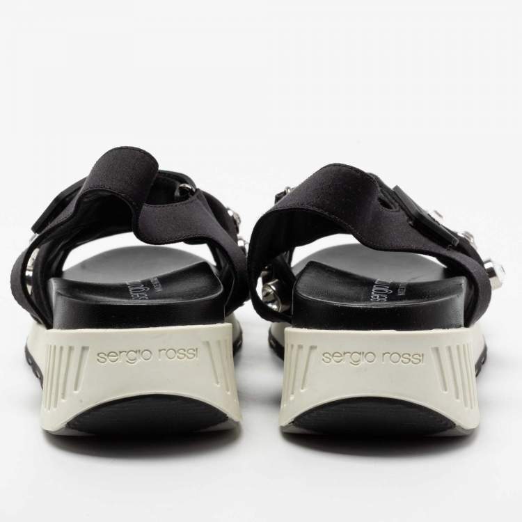 Pre Owned Sergio Rossi Black Satin Embellished Criss Cross Flat Sandals Size 38