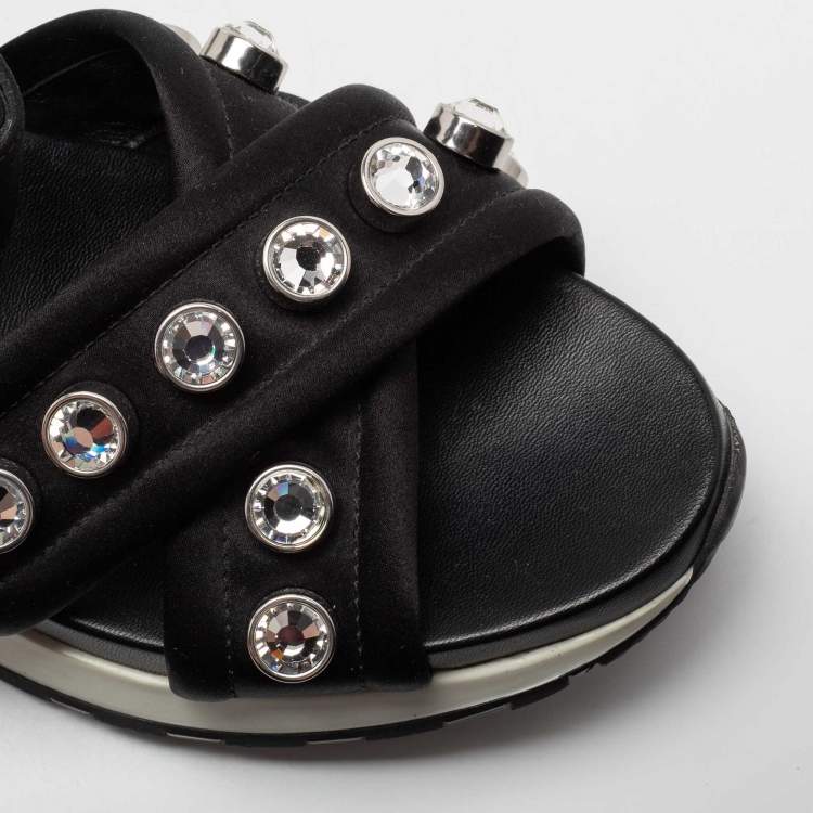 Pre Owned Sergio Rossi Black Satin Embellished Criss Cross Flat Sandals Size 38