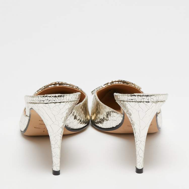 Pre Owned Sergio Rossi Silver Croc Embossed Mule Sandals Size 40
