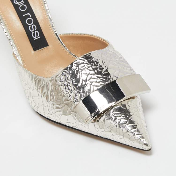 Pre Owned Sergio Rossi Silver Croc Embossed Mule Sandals Size 40