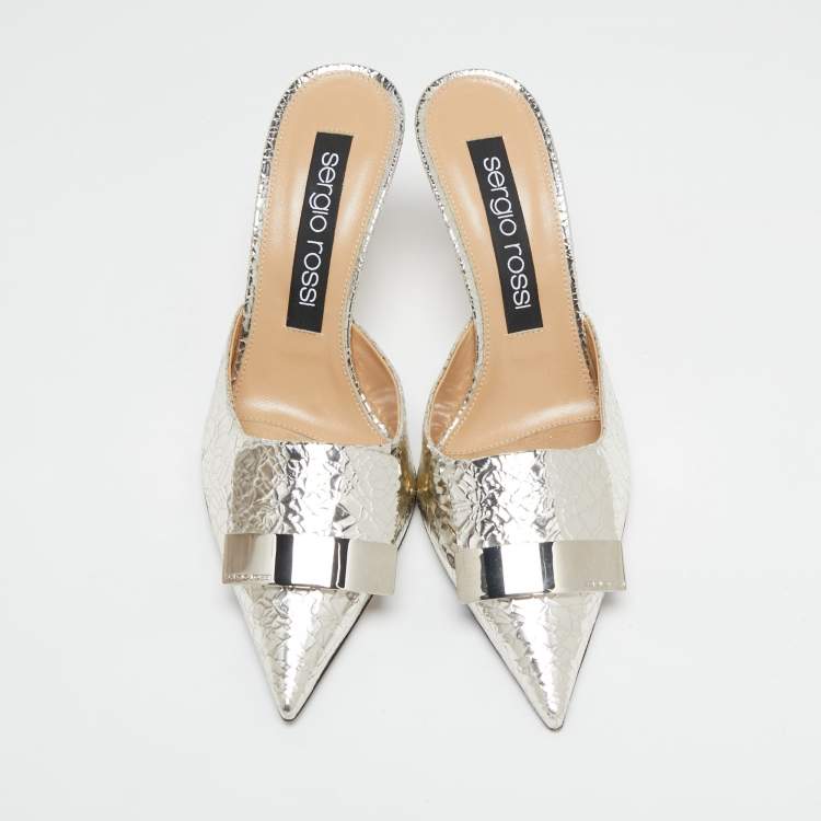 Pre Owned Sergio Rossi Silver Croc Embossed Mule Sandals Size 40