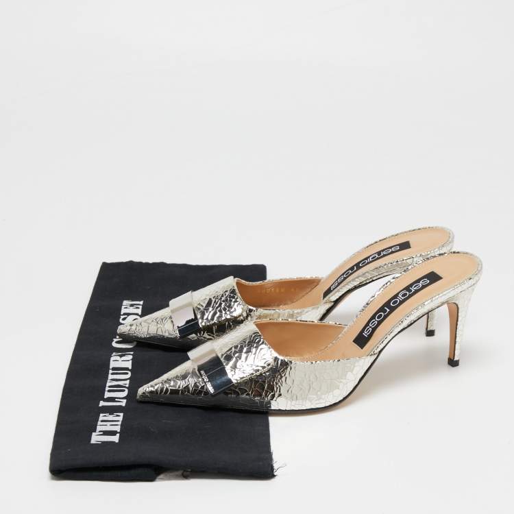 Pre Owned Sergio Rossi Silver Croc Embossed Mule Sandals Size 40