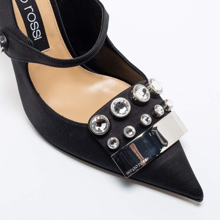 Pre Owned Sergio Rossi Black Satin Embellished Slingback Sandals Size 40