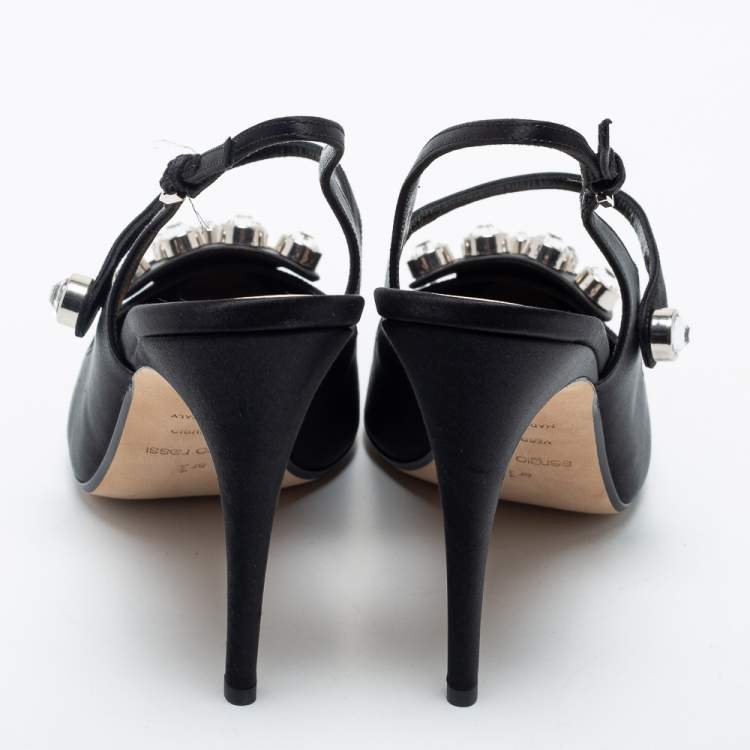 Pre Owned Sergio Rossi Black Satin Embellished Slingback Sandals Size 40