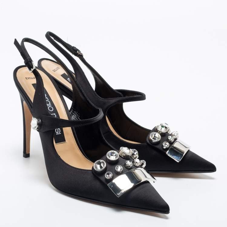 Pre Owned Sergio Rossi Black Satin Embellished Slingback Sandals Size 40