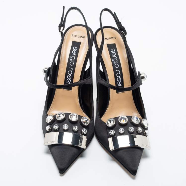 Pre Owned Sergio Rossi Black Satin Embellished Slingback Sandals Size 40