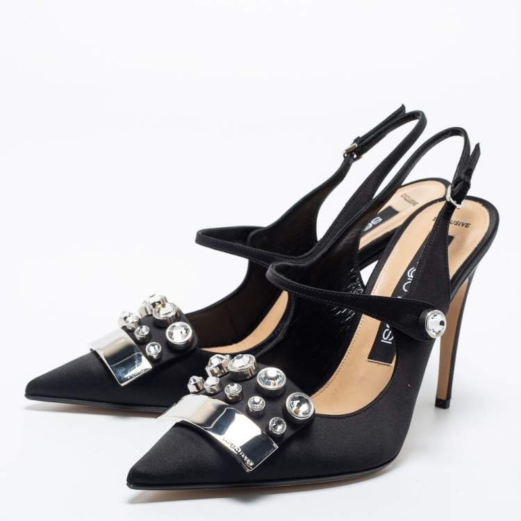 Pre Owned Sergio Rossi Black Satin Embellished Slingback Sandals Size 40