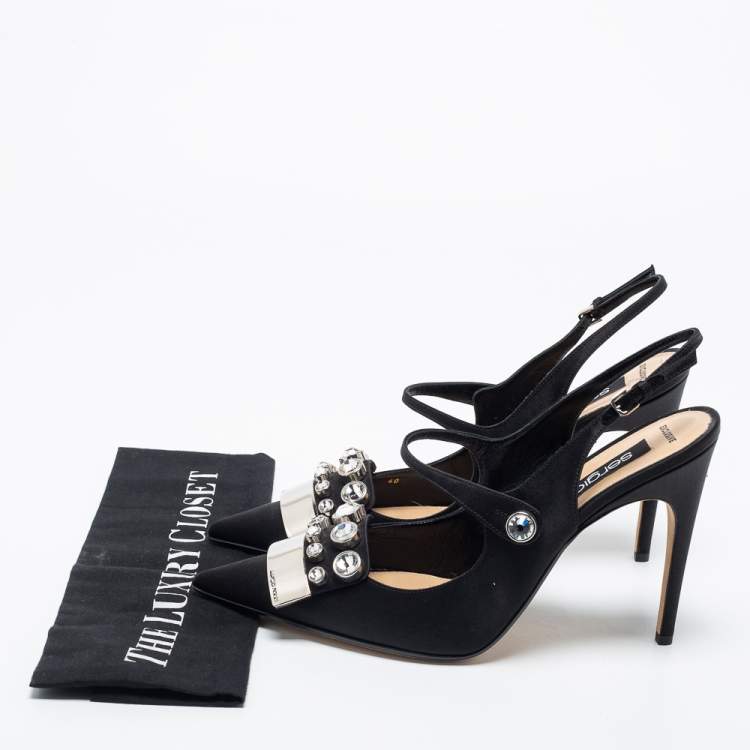 Pre Owned Sergio Rossi Black Satin Embellished Slingback Sandals Size 40