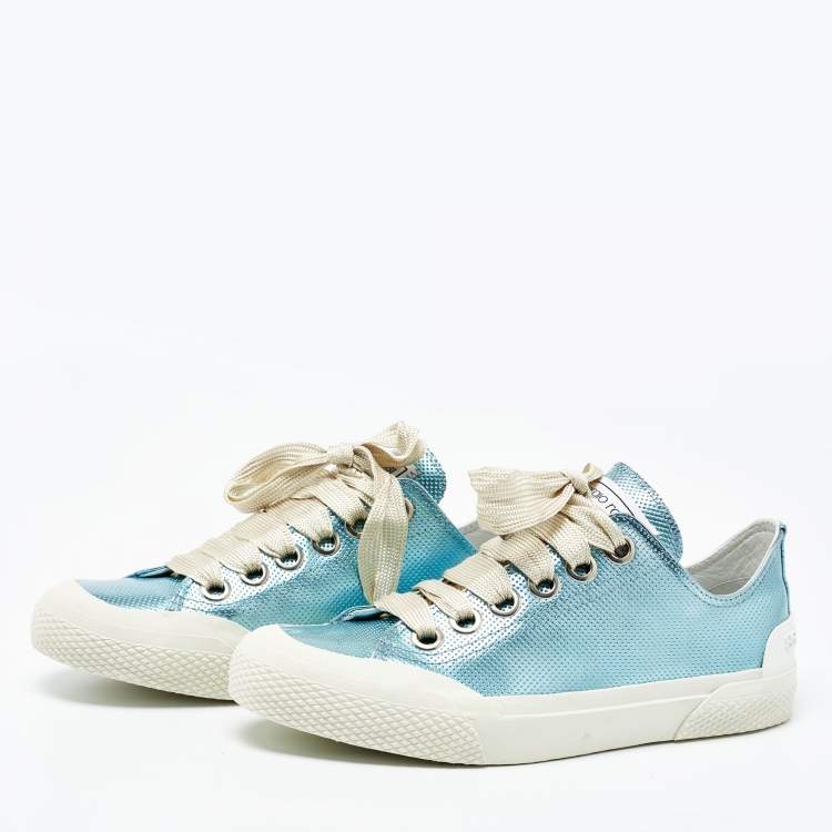 Pre Owned Sergio Rossi Metallic Blue Leather Lace Up Sneakers Size 40 
