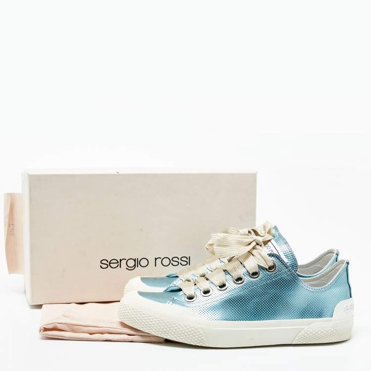 Pre Owned Sergio Rossi Metallic Blue Leather Lace Up Sneakers Size 40 