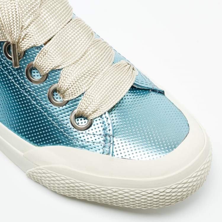 Pre Owned Sergio Rossi Metallic Blue Leather Lace Up Sneakers Size 40 