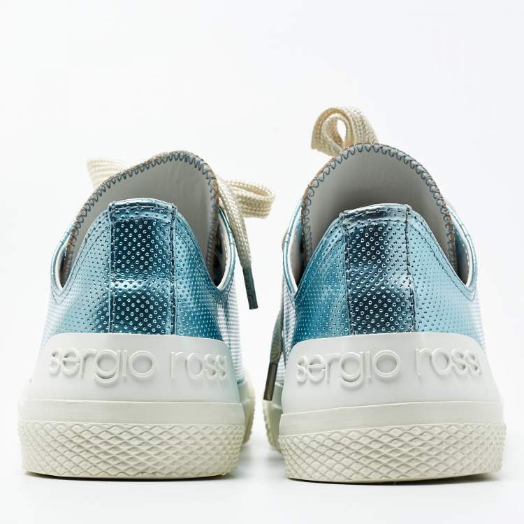 Pre Owned Sergio Rossi Metallic Blue Leather Lace Up Sneakers Size 40 