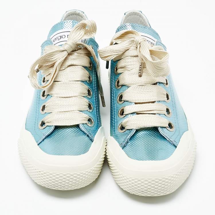 Pre Owned Sergio Rossi Metallic Blue Leather Lace Up Sneakers Size 40 
