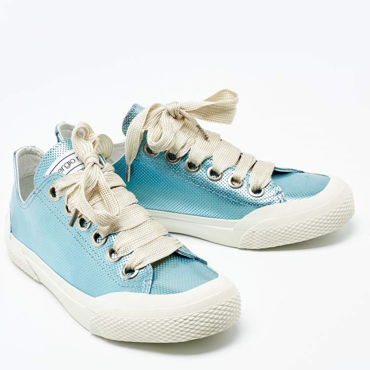 Pre Owned Sergio Rossi Metallic Blue Leather Lace Up Sneakers Size 40 