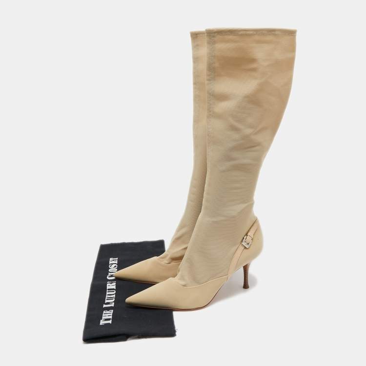 Pre Owned Sergio Rossi Beige Mesh and Leather Knee Length  Boots Size 39