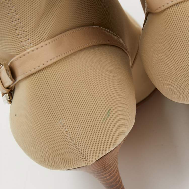 Pre Owned Sergio Rossi Beige Mesh and Leather Knee Length  Boots Size 39