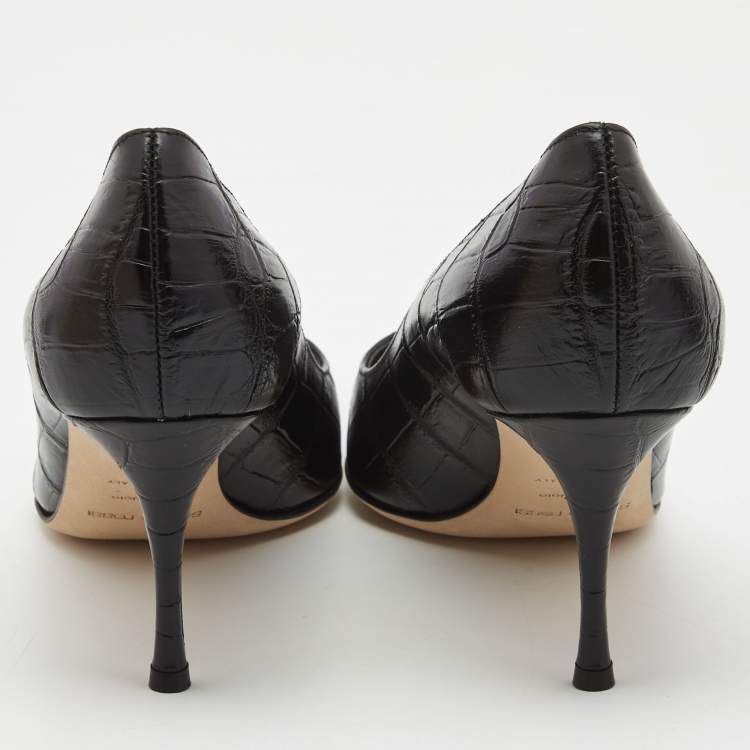Pre Owned Sergio Rossi Black Croc Embossed Leather Pointed Toe Pumps Size 37.5