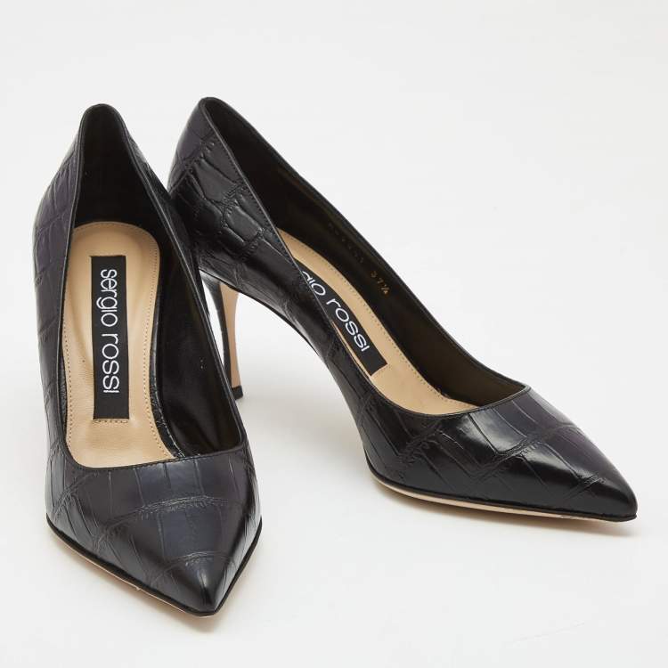 Pre Owned Sergio Rossi Black Croc Embossed Leather Pointed Toe Pumps Size 37.5