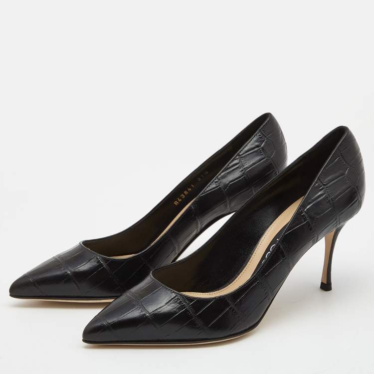 Pre Owned Sergio Rossi Black Croc Embossed Leather Pointed Toe Pumps Size 37.5