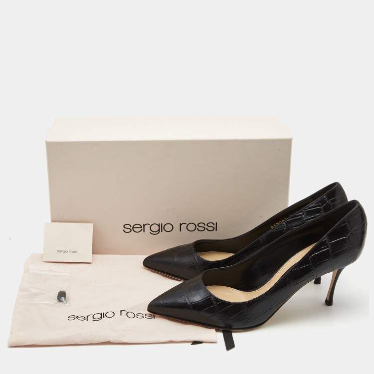 Pre Owned Sergio Rossi Black Croc Embossed Leather Pointed Toe Pumps Size 37.5