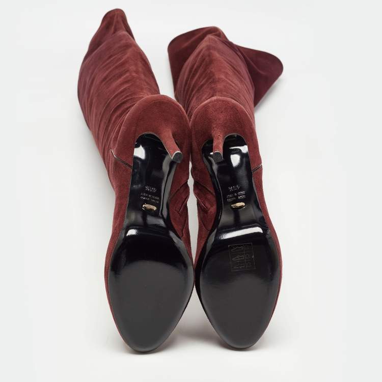 Pre Owned Sergio Rossi Burgundy Suede Zip Detail Knee Length Platform Boots Size 40.5 