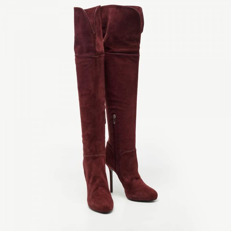 Pre Owned Sergio Rossi Burgundy Suede Zip Detail Knee Length Platform Boots Size 40.5 
