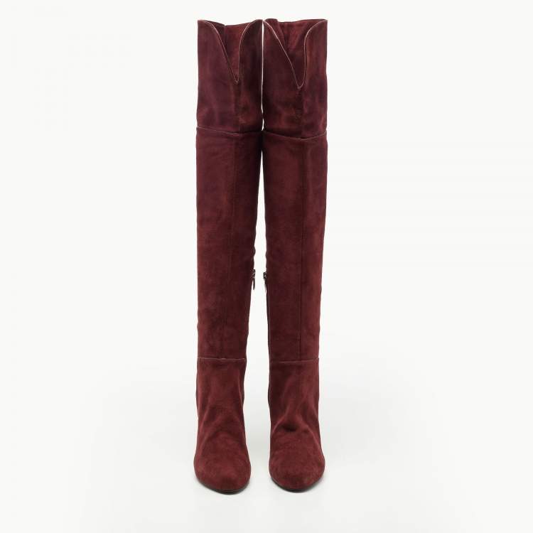 Pre Owned Sergio Rossi Burgundy Suede Zip Detail Knee Length Platform Boots Size 40.5 